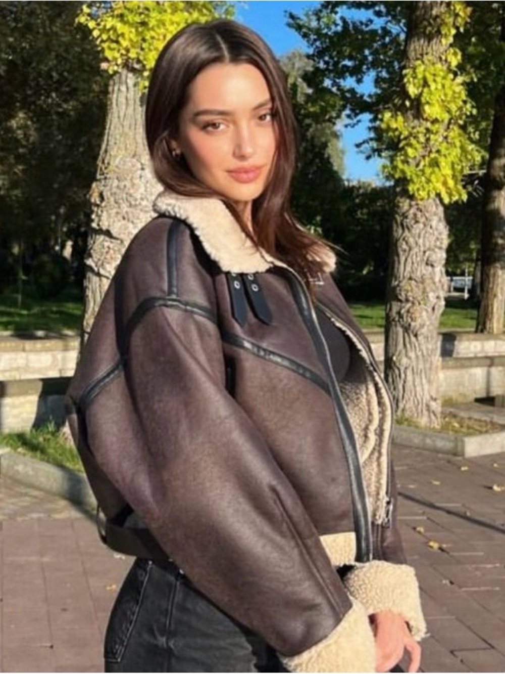 ZARA Brown Double-Faced Faux Shearling Trim Short Aviator Jacket - S - Picture 5 of 8